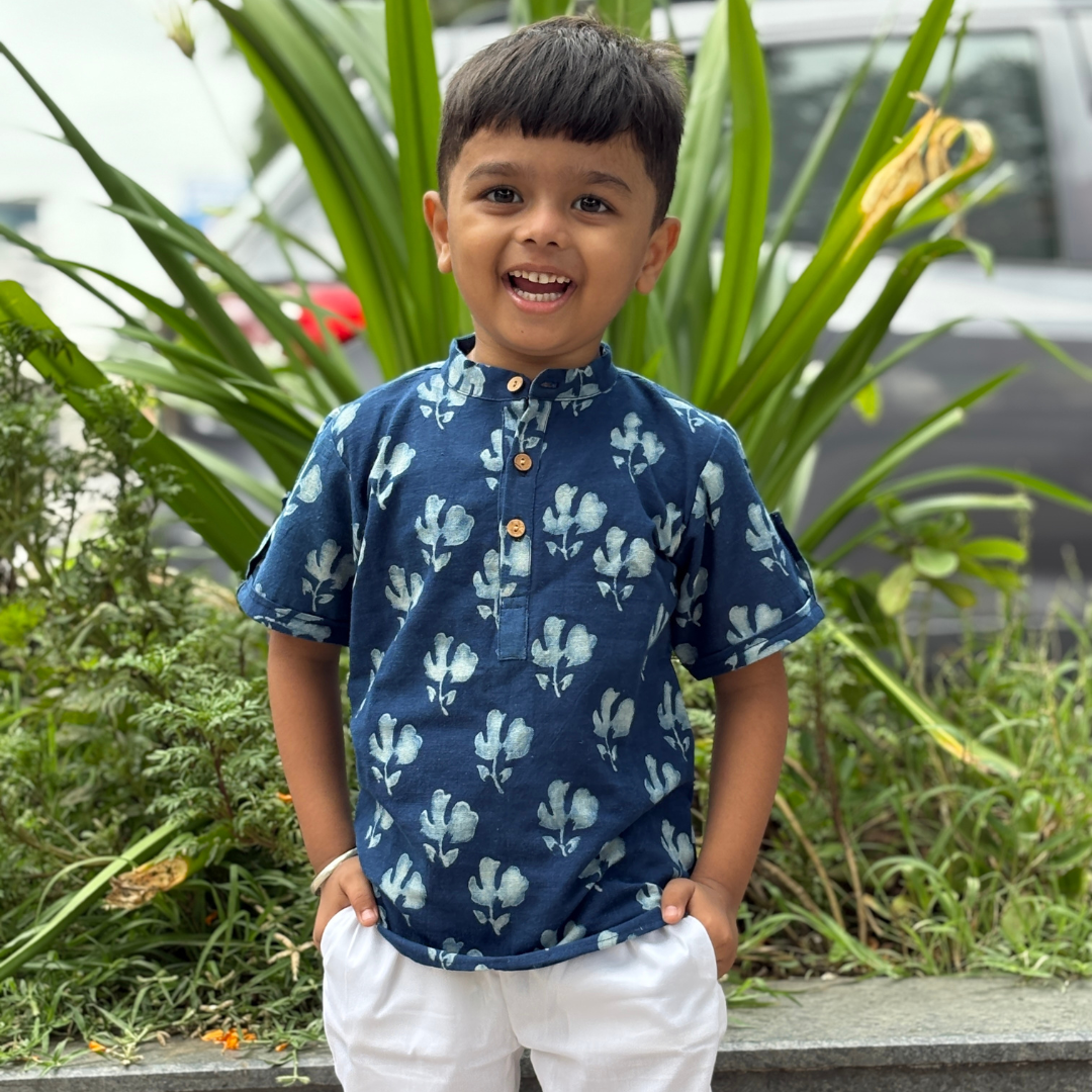 Blue dabu slub cotton kurta