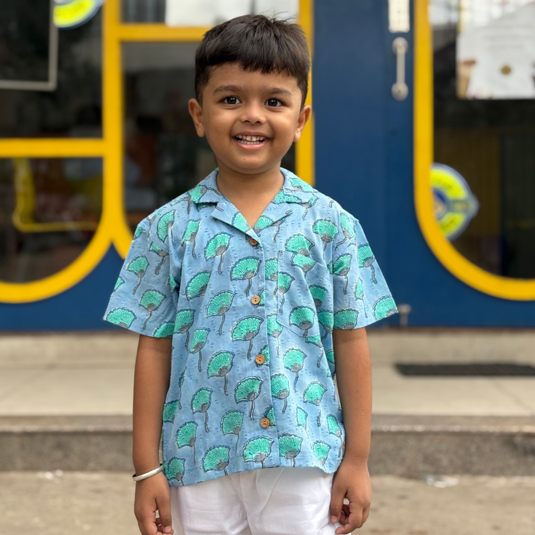Blue Block print dobby cotton shirt
