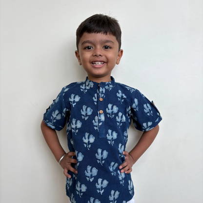 Blue dabu slub cotton kurta