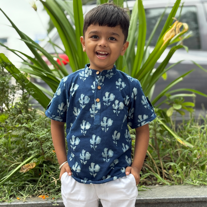 Blue dabu slub cotton kurta