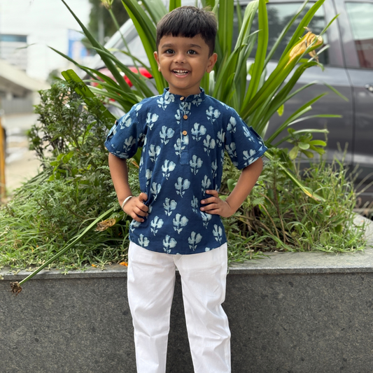 Blue dabu slub cotton kurta