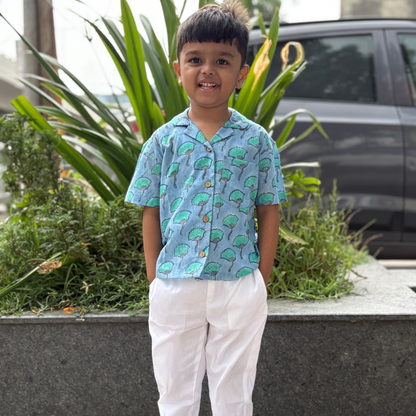 Blue Block print dobby cotton shirt