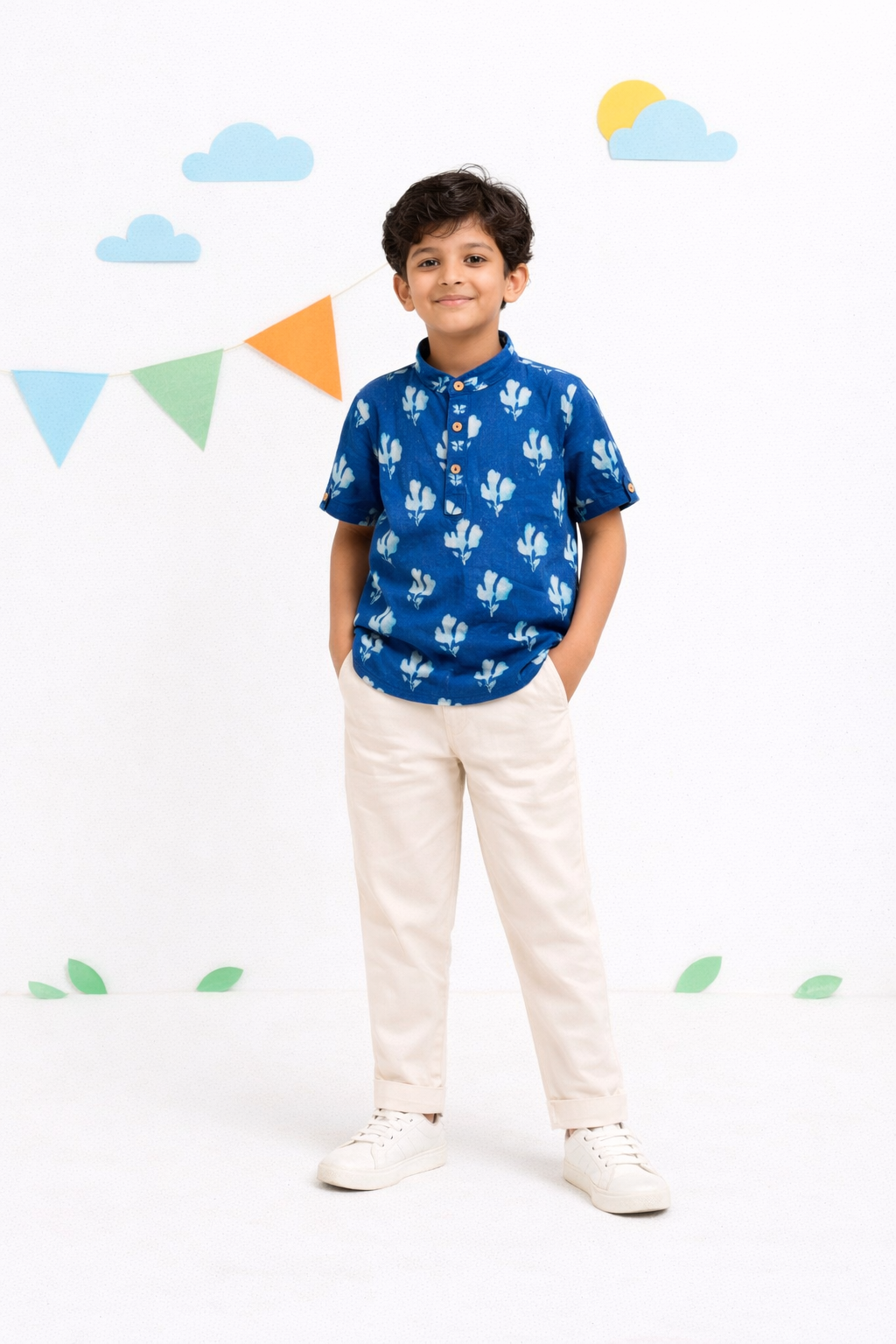 Blue dabu slub cotton kurta