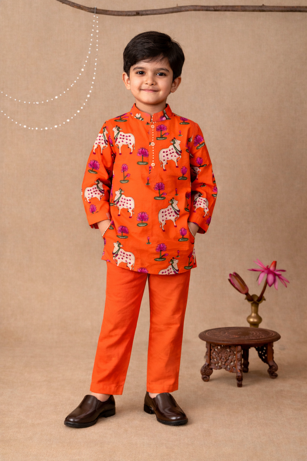 Orange Pichwai Print Kurta & Pant Set