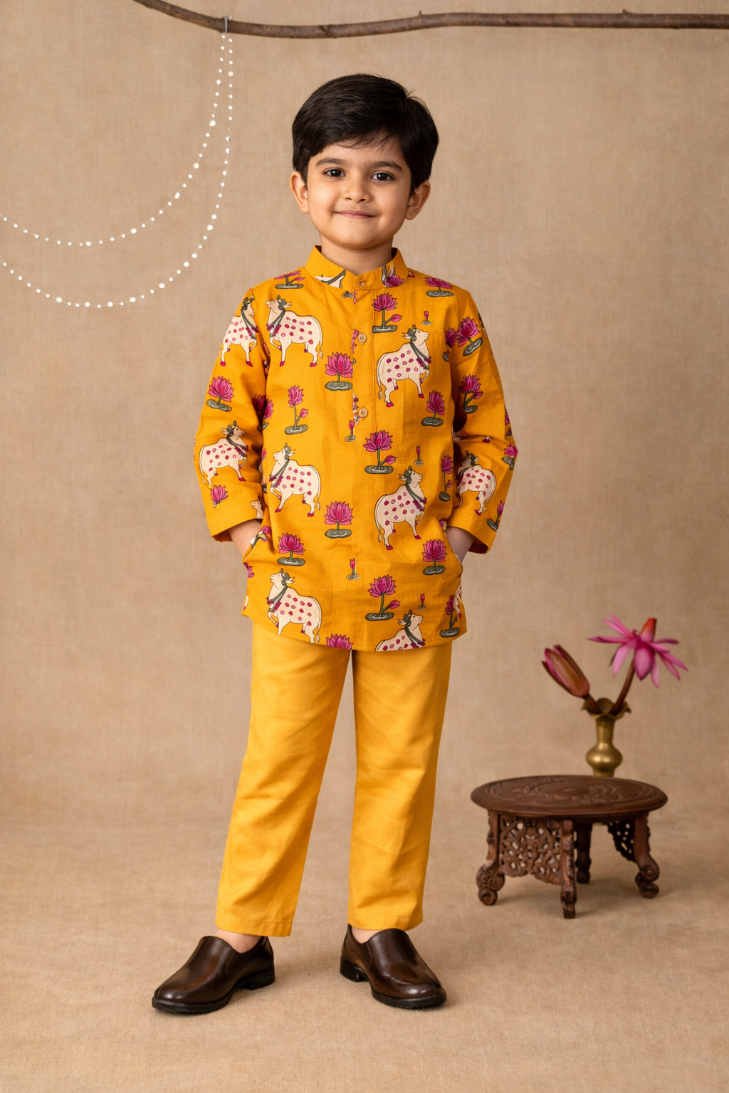 Yellow Pichwai Print Kurta & Pant Set