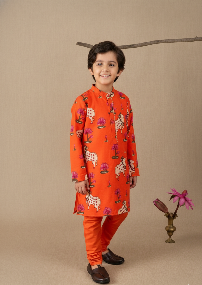 Orange Pichwai Print Kurta & Pant Set