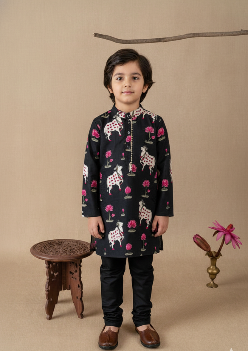 Black Pichwai Print Kurta & Pant Set