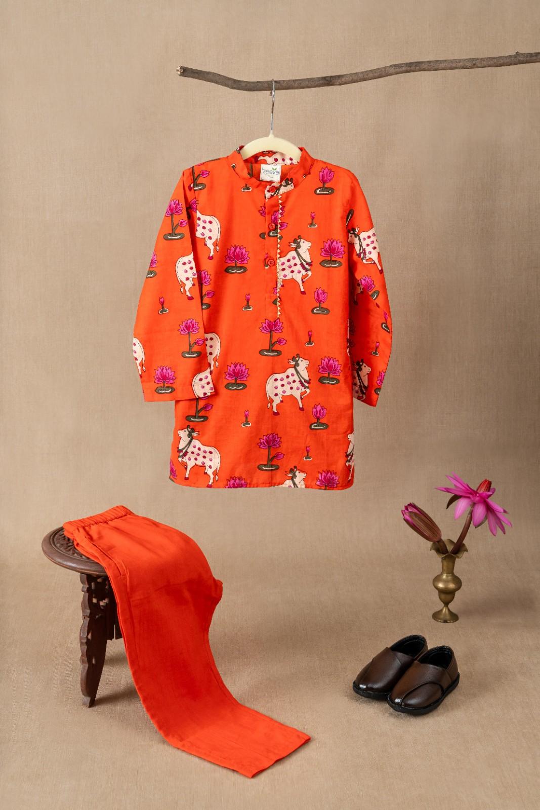 Orange Pichwai Print Kurta & Pant Set
